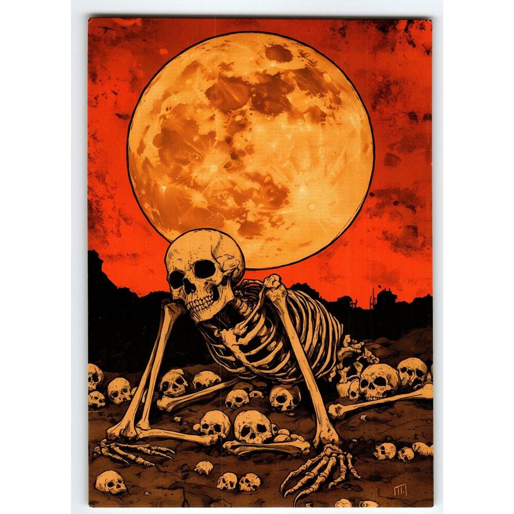 Vintage Halloween Postcard Skeleton & Full Moon Photochrome 5.5x4"